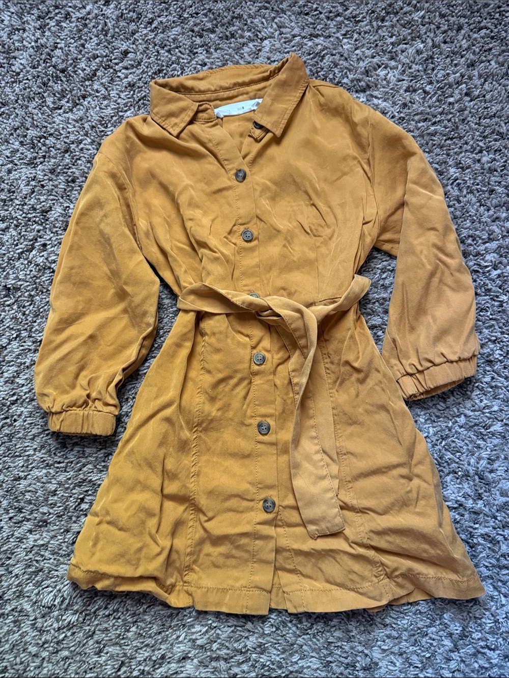 Zara Girls Mustard Button-Front Shirt Dress with Waist Tie